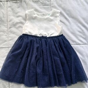Elegant White and Navy Dress with Glitter Skirt 12 Months